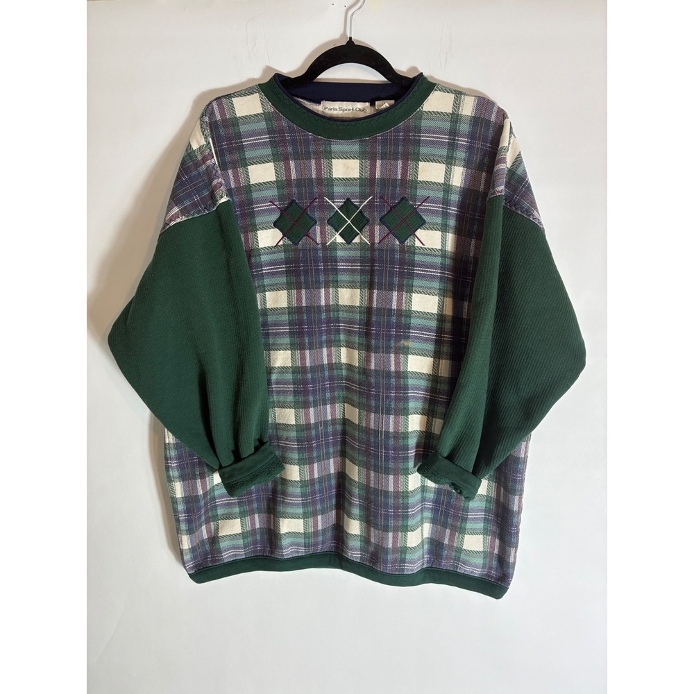Paris Sport Club Vintage Plaid Argyle Sweatshirt Green Purple Large Retro 90s
